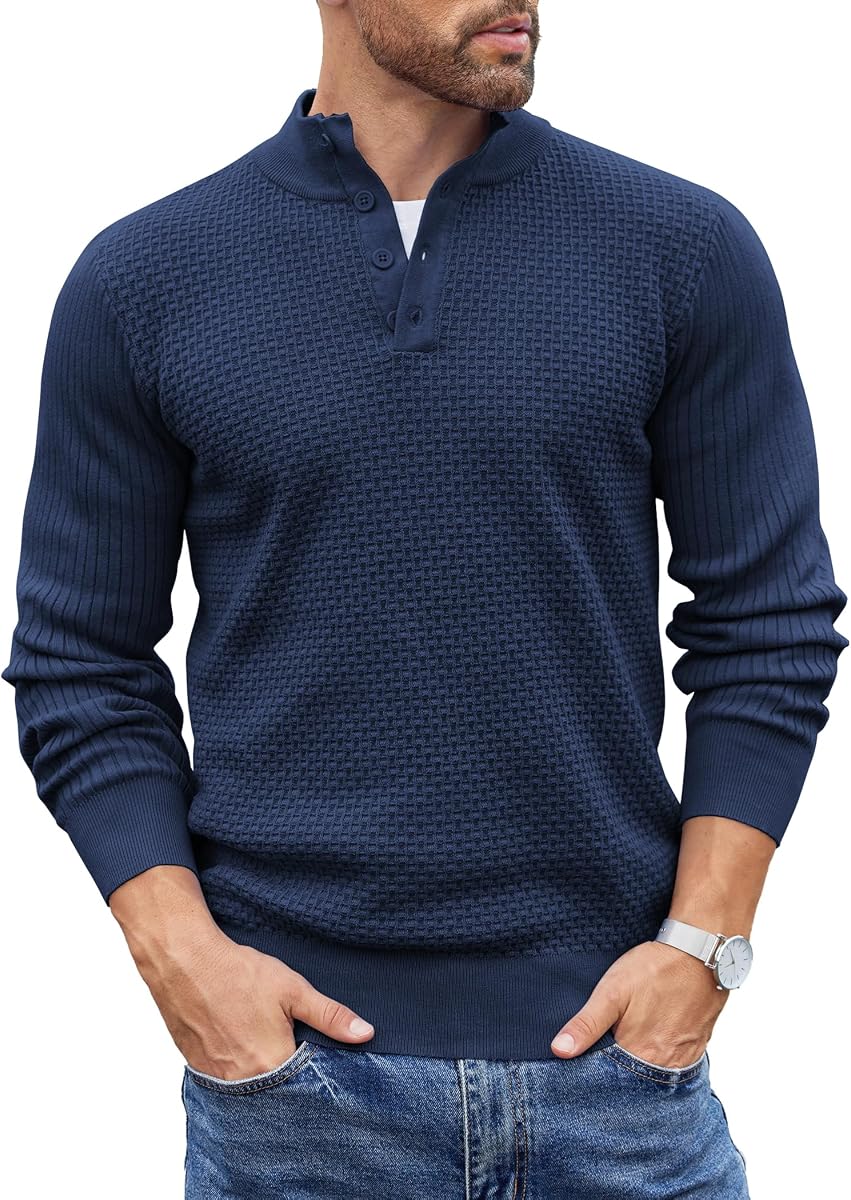 COOFANDY Mens Sweater Long Sleeve Henley Quarter Button Dress Sweaterss | 4 Button Mock Neck, Waffle Knitted Pullover, Slim Fit Fall Winter, Business Casual, Stand Collar, Ribbed Cuffs