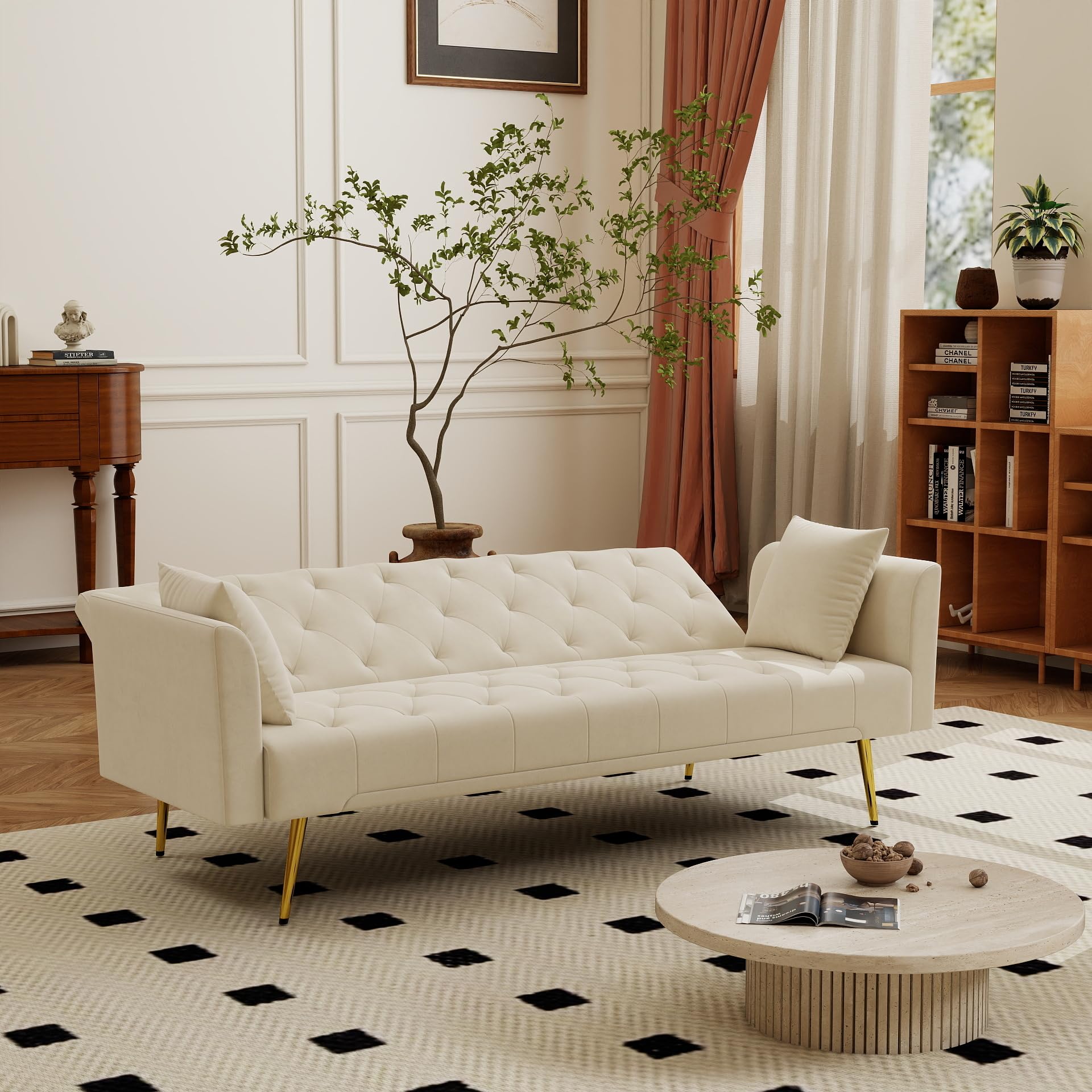 KEIKI 72" Futon Sofa Bed, 2-in-1 Loveseat, Velvet Upholstered Couches for Living Room, Sofa Sleeper for Small Space, Comfy Supportive Rest Space Elegant Modern Studio Design, Beige