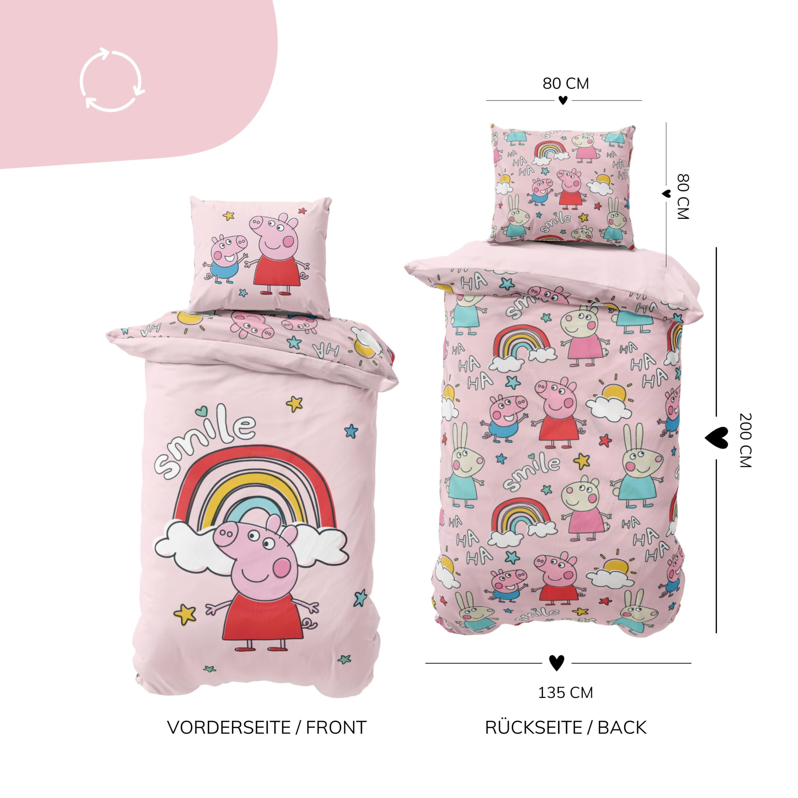 Juego de cama infantil Peppa Pig 135 x 200 cm para niñas y niños, 1 funda de almohada de 80 x 80 cm + funda nórdica de 135 x 200 cm, idea de regalo para niñas, Peppa Pig & George – Smile Rainbow