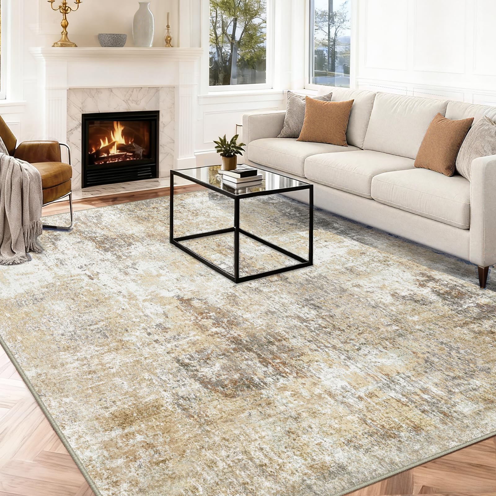 INOVADAY Washable Rugs Living Room 200x300 cm Modern Abstract Rug with Soft Low Pile Vacuum Friendly Non Slip Backing Minimalist Carpet for Lounge Bedroom Dining Room Home Office Brown/Grey
