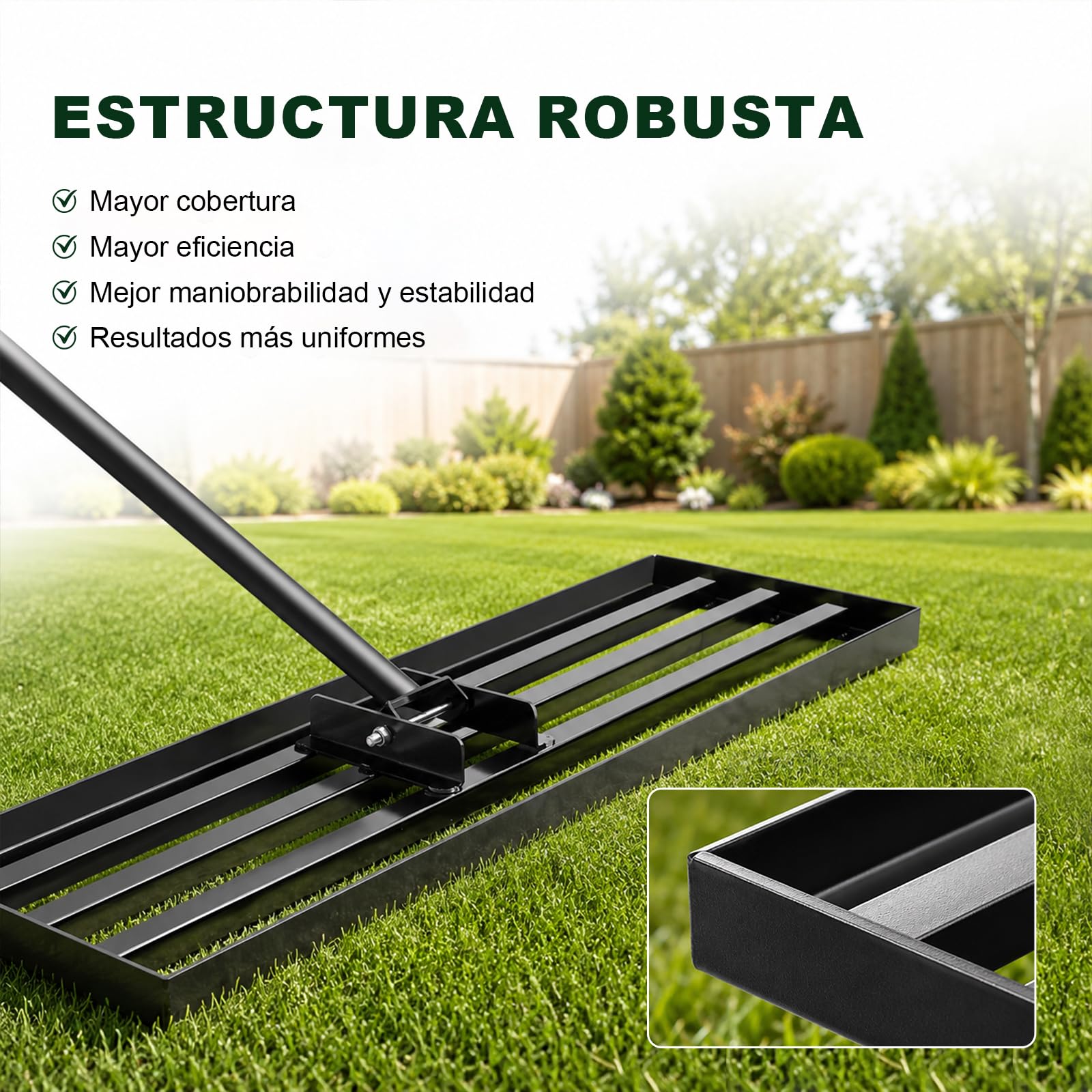 Rastrillo Nivelador de Alto Rendimiento, 114×25cm Rastrillo de Césped, Rastra de Nivelación para Césped, Cabezal Ancho para Jardines y Zonas Verdes, Rastra Niveladora Resistente con Mango de 213 cm