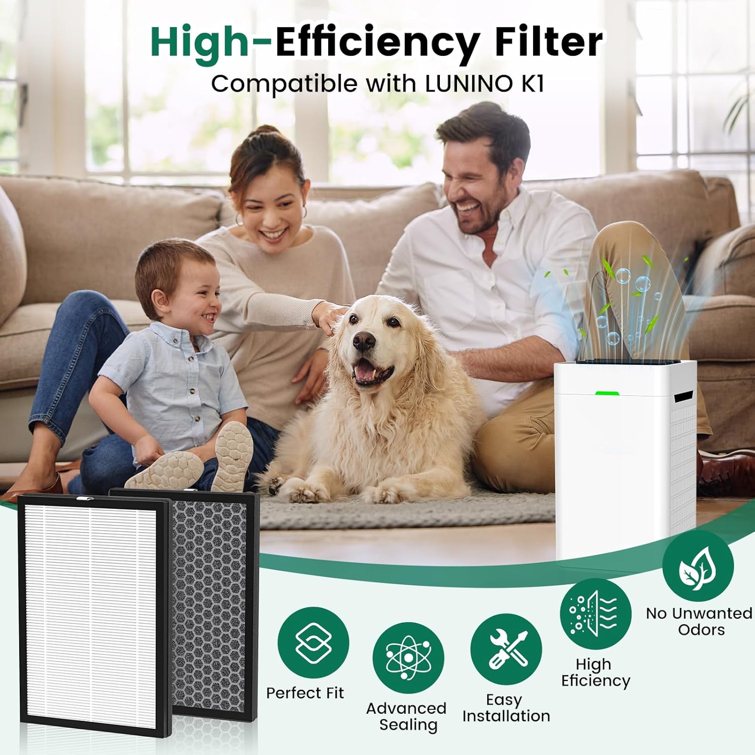 K1 Replacement Air Filter Fit for LUNINO K1 Air Puri-Fier,3-in-1 High-Efficiency H13 True HEPA and Activated Carbon Filter, Double-Sided Activated Carbon and Pre-Filter for Home Large Room,2 Pack - Image 6