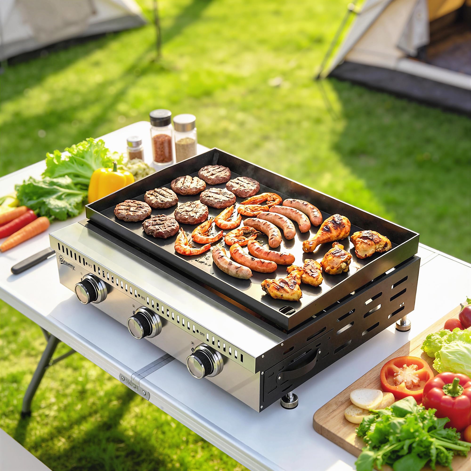 Outsunny Barbecue a Gas Portatile 3 Bruciatori 9 KW Acciaio Inox, Griglia BBQ da Tavolo con Vaschetta Raccogli Grasso, Regolatore, Nero