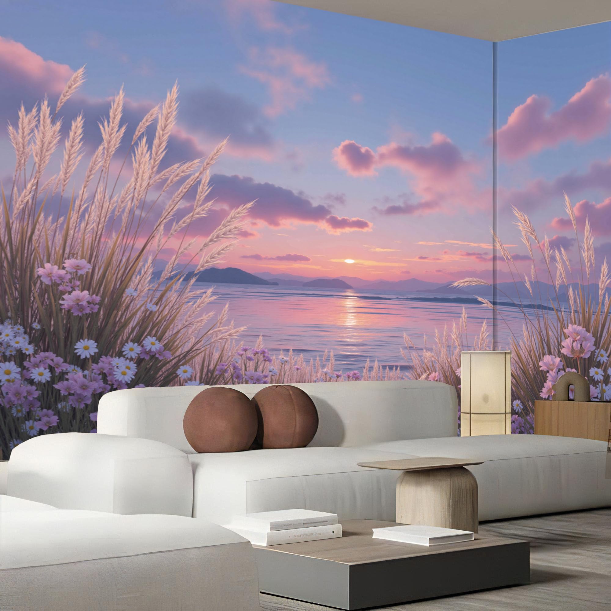 Papier peint vue coucher de soleil pour agrandir un grand mur de chambre vide