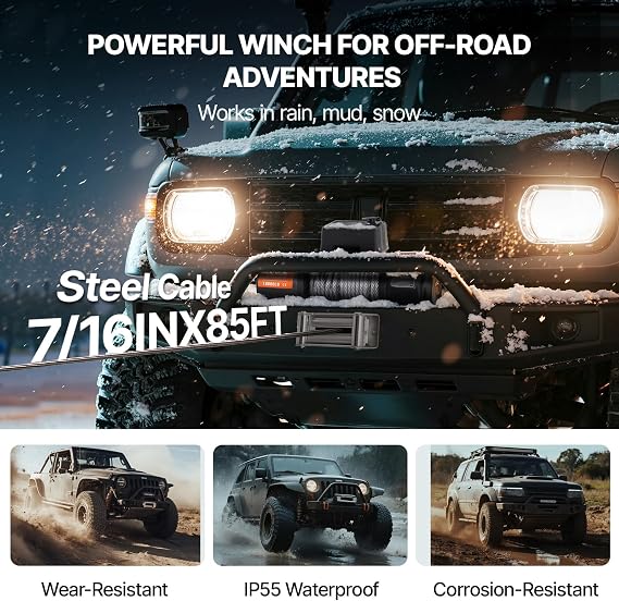 VEVOR Electric Winch, 18,000 lb Truck Trailer Jeep Winch, 12V DC 7/16 in x 85 ft Steel Cable Roller Fairlead Wireless & Wired Remote Control, IP55 Waterproof Towing for Off Road SUV Jeep Truck Trailer