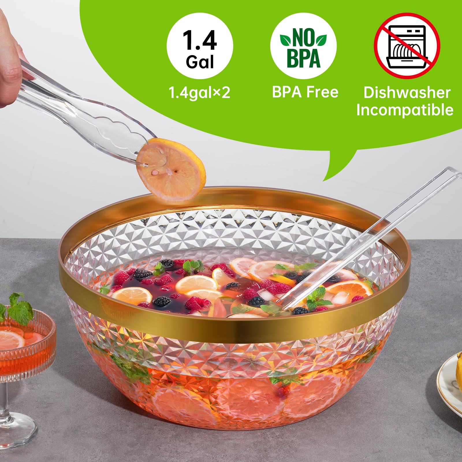 NiHome Lot de 2 bols à punch en plastique transparent avec louche et pince pour fêtes, mariages, barbecues, 4 litres - Ensemble complet pour cocktails, salades, collations - Facile à nettoyer