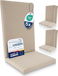 Beautissu 5er Set Premium Hochlehner Auflage 100% Wasserdicht 120x50cm – UV-beständig Bequem Pflegeleicht Waschbar Sitzkissen Gartenstuhl – Quick Dry Polsterauflage Gartenmöbel Stuhlauflage Beige