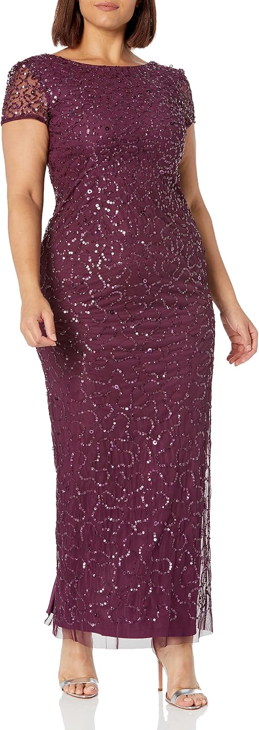 Adrianna Papell Women's Beaded Short Sleeve Gown