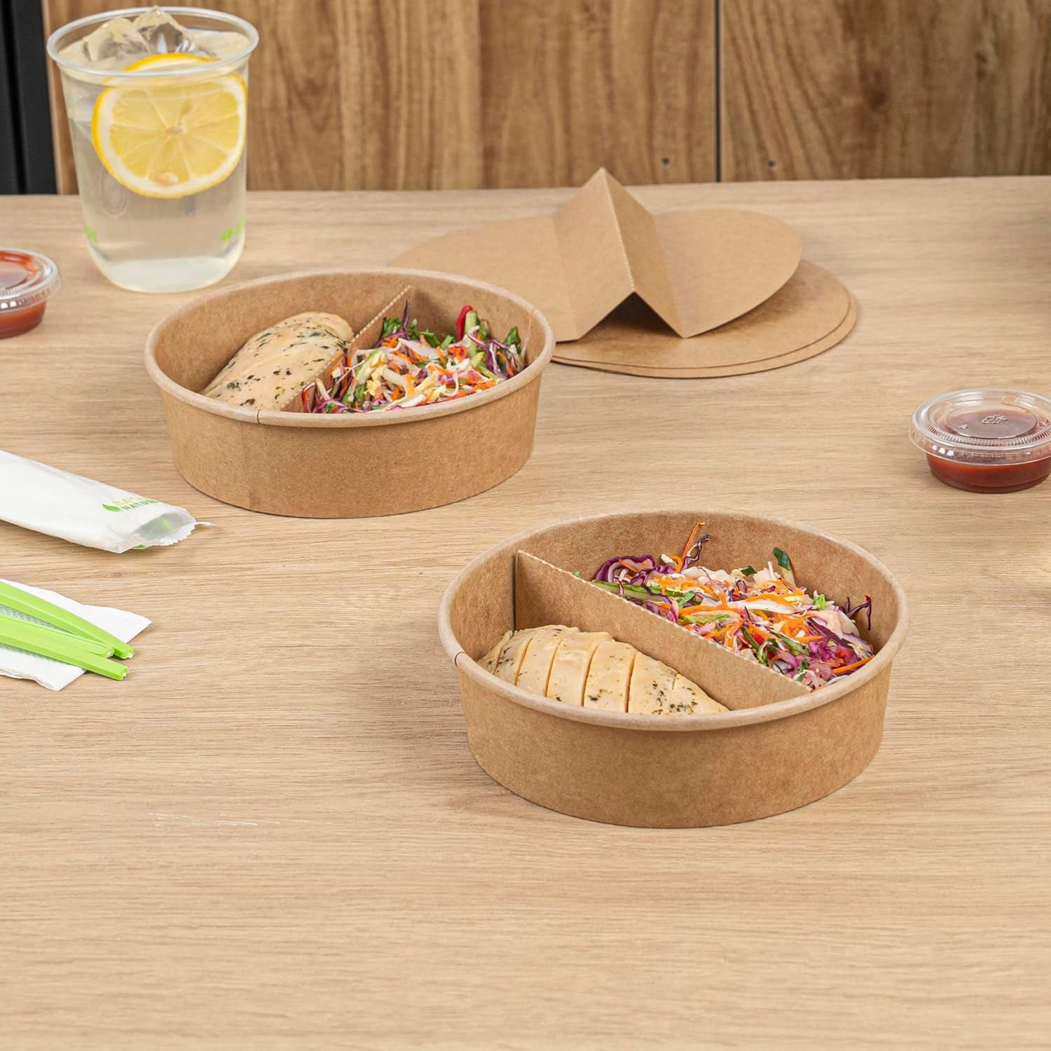 Restaurantware-Bio Tek 9.6 x 5.9 Inch Inserts For Take Out Containers, 200 Disposable Inserts For Food Boxes - Containers Sold Separately, 2 Compartments, Kraft Paper Food Insert Trays, Microwavable
