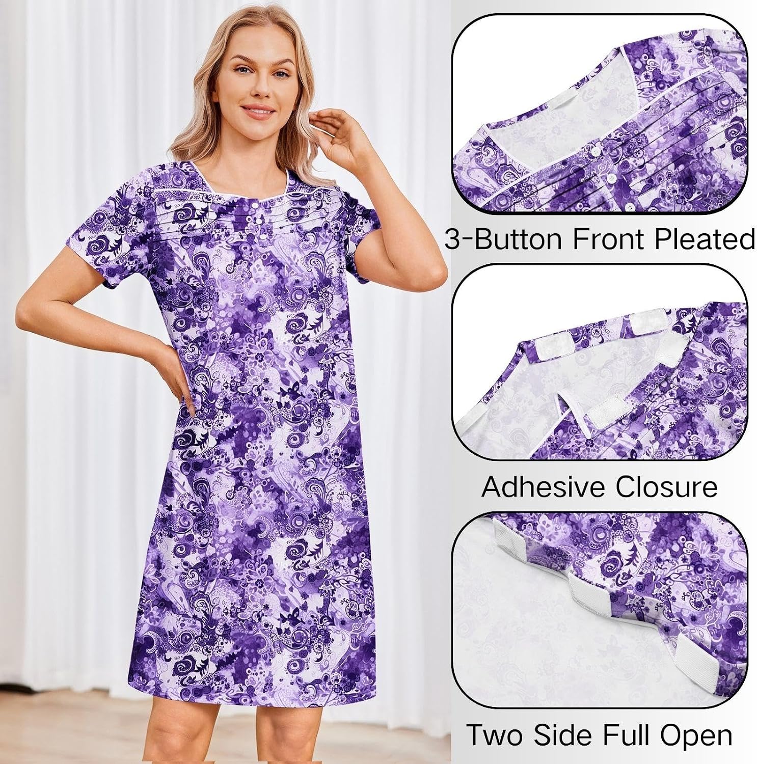 Deyeek Women's Post Shoulder Surgery Dress Side Full Tear Away Chemotherapy Must Haves Soft Nightgowns for Elderly Women