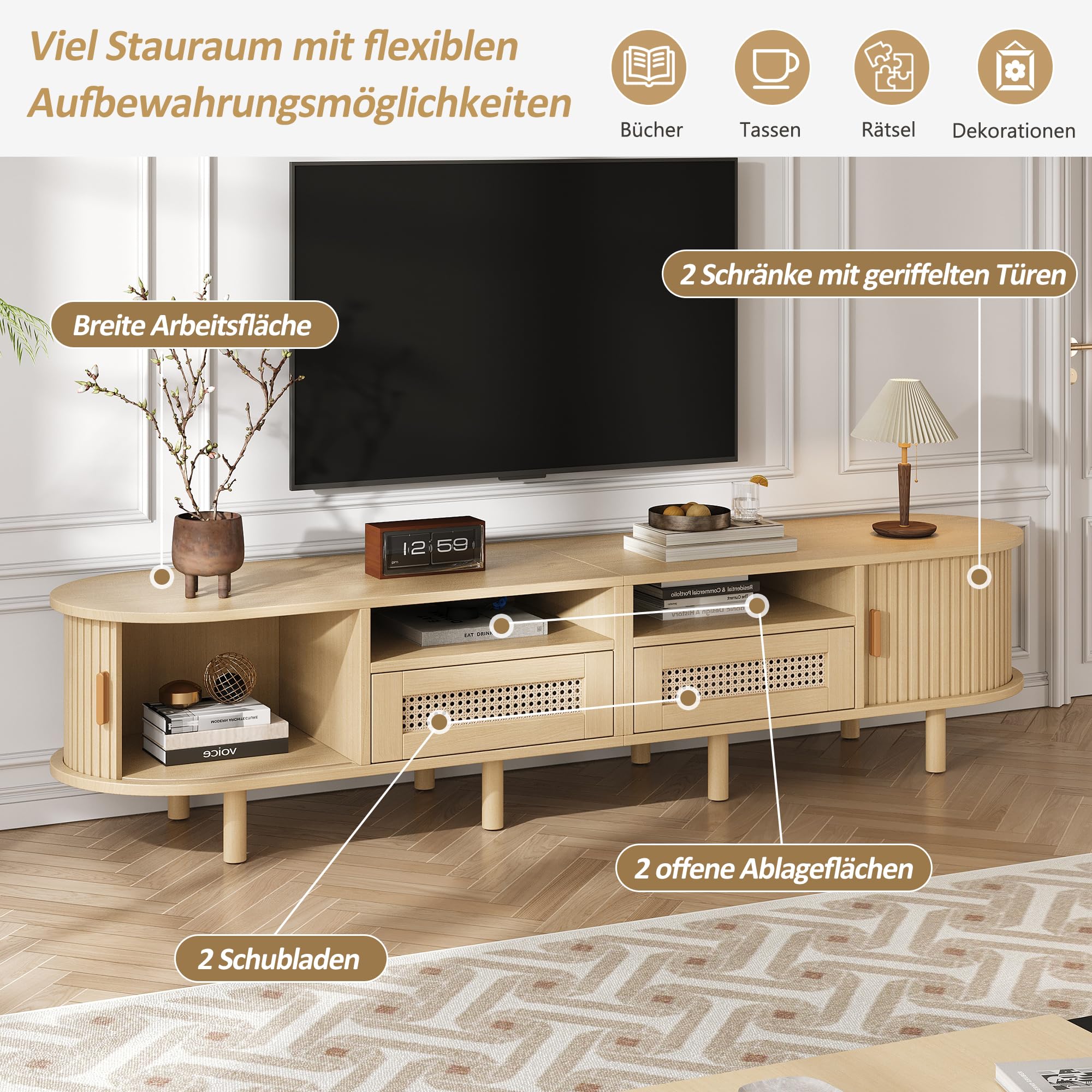 Merax TV Schrank Ovaler in Holzfarbe, Lowboard Fernsehtisch mit 2 Schiebetüren, 2 Rattan-Schubladen, TV-Regal für Fernseher bis zu 70 Zoll, Landhausstil Sideboard Fernsehschrank für Wohnzimmer, 170cm