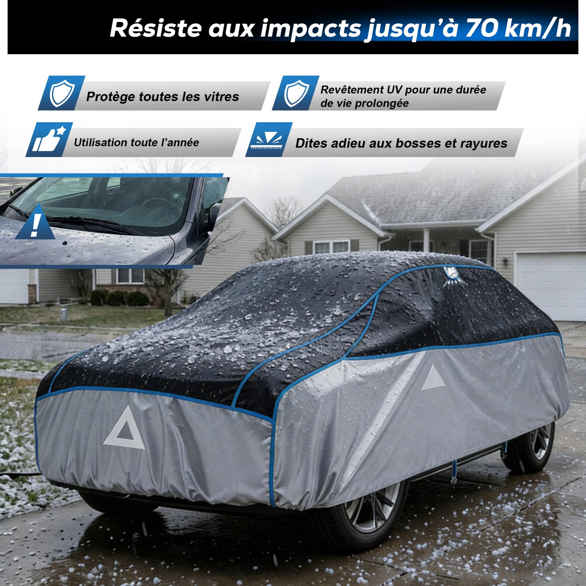 Bâche Voiture Anti-grêle Étanche avec Pare Soleil Voiture,Housse de Protection anti grêle pour Voiture Extérieur Contre UV,Bache Voiture la Grele pour Fiesta,Polo,Corsa,C3,Yaris(Jusqu'à 415cm)