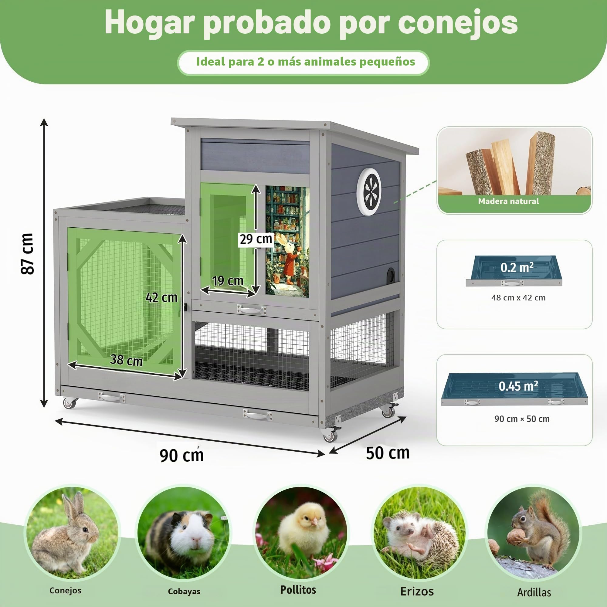 Jaula para conejos con área de juego al aire libre, de 2 pisos con ruedas, con gran cajón, techo de asfalto impermeable - Corral de madera para conejos afuera y adentro, para cobayas