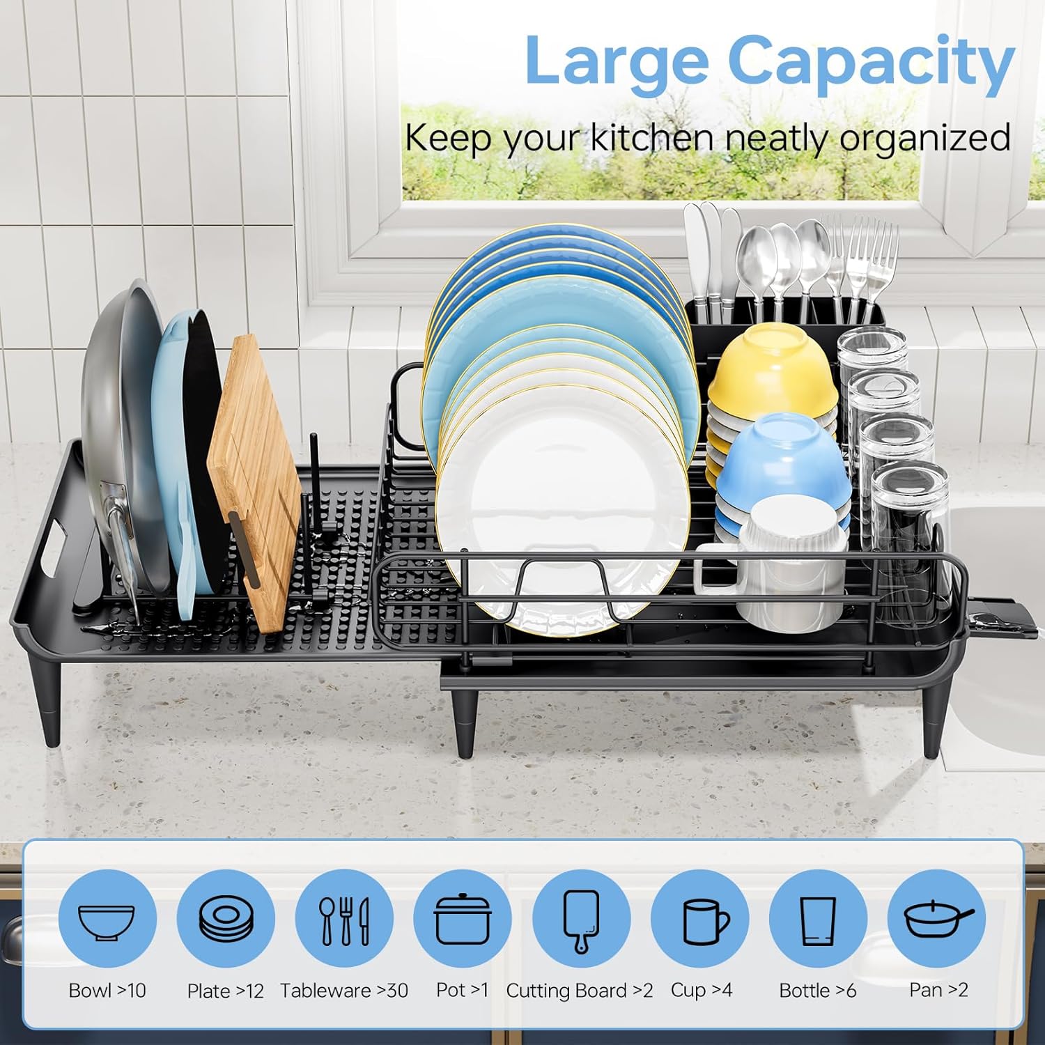 TOOLF Large Dish Drying Rack, Expandable Dish Rack for Kitchen Counter, Organization and Storage Essentials with Cup & Cutlery Holders, 16.7"-26.8" L x 12.6" W, Home and Appartment Decor, Black