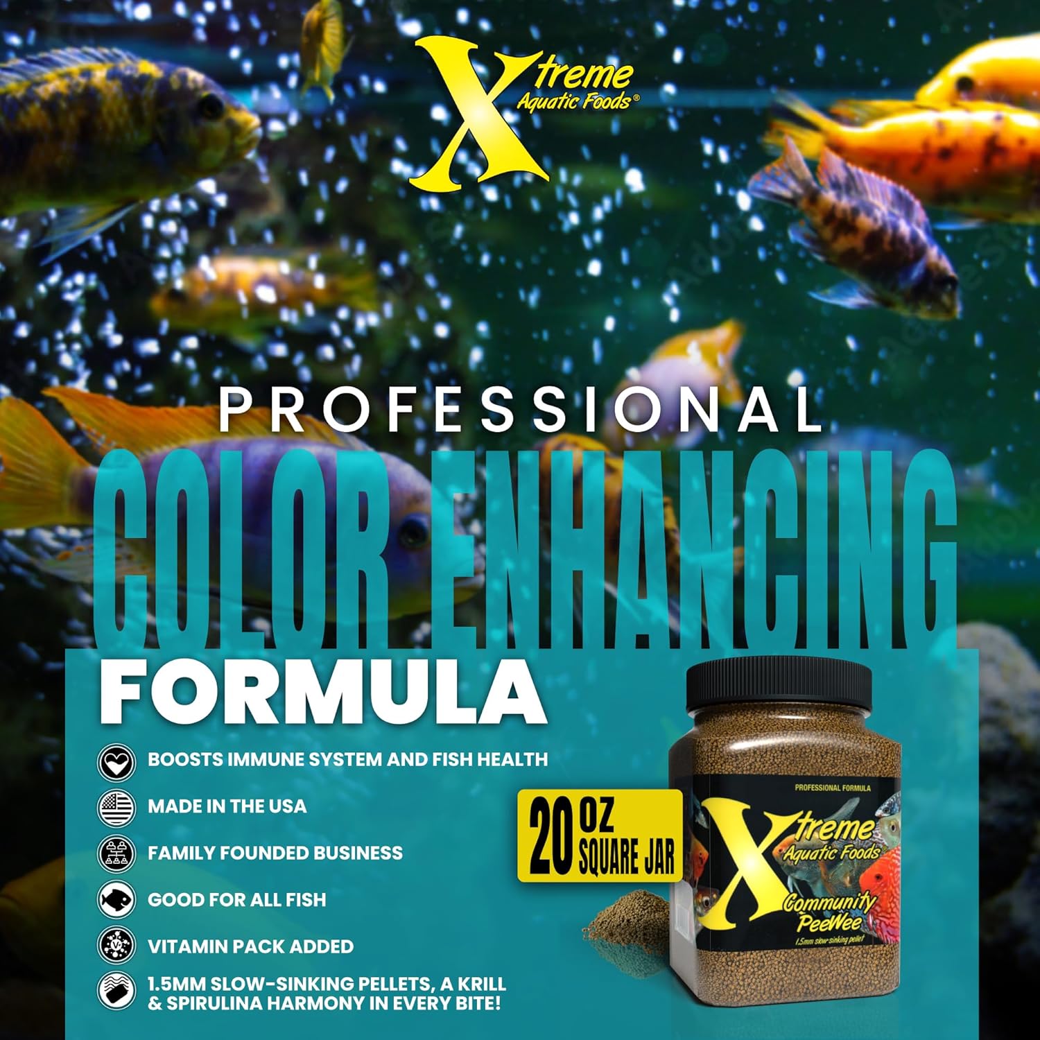 Xtreme Community Peewee 1.5mm Pellets: Slow Sinking & Ideal for Community Fish - Boosts Immune & Digestive Health, Enhances Color & Energy, Max Protein Fish Food – USA Farm Grown (20oz)