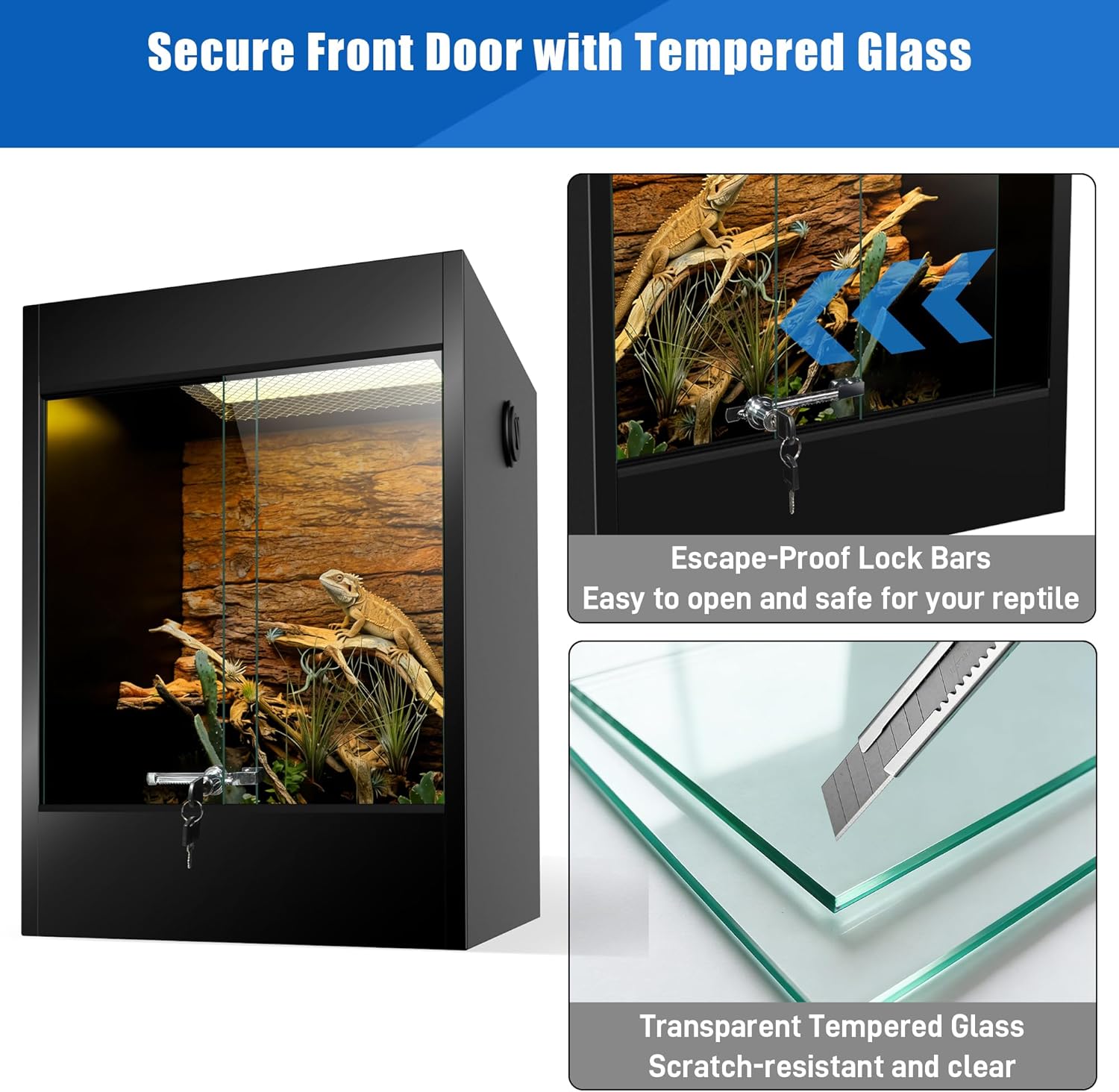 PVC Reptile Enclosure Terrarium 33 Gallon Reptile Tank, Front Opening Tall Bearded Dragon Tank 24"x18"x18" with Tempered Glass Sliding Doors, Lock & Top Screen Ventilation for Geckos Snake Lizard