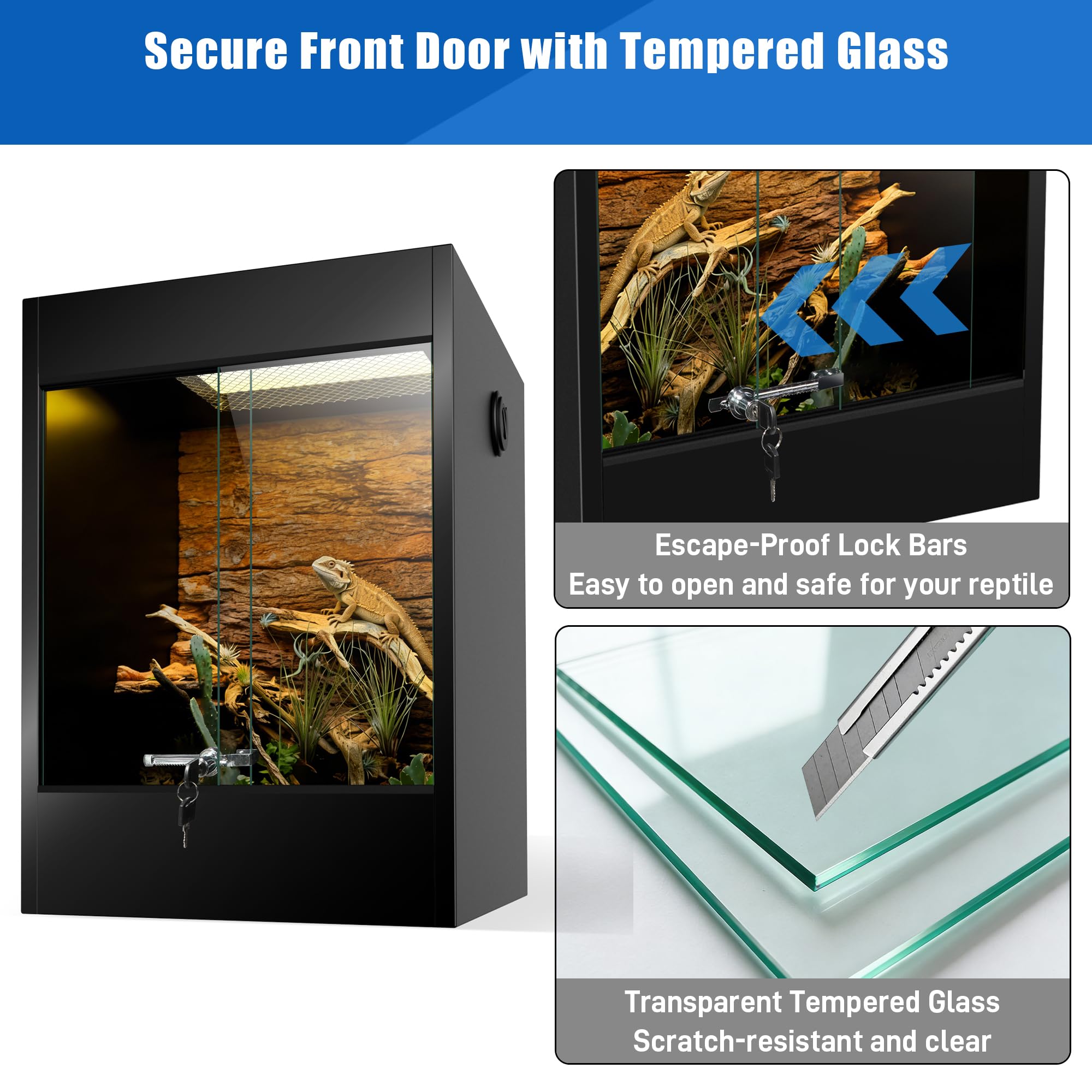 Terrario per rettili in PVC, 33 galloni, con apertura frontale e drago barbuto, 61 x 45,7 x 45,7 cm, con porte scorrevoli in vetro temperato, blocco e ventilazione dello schermo superiore per gechi