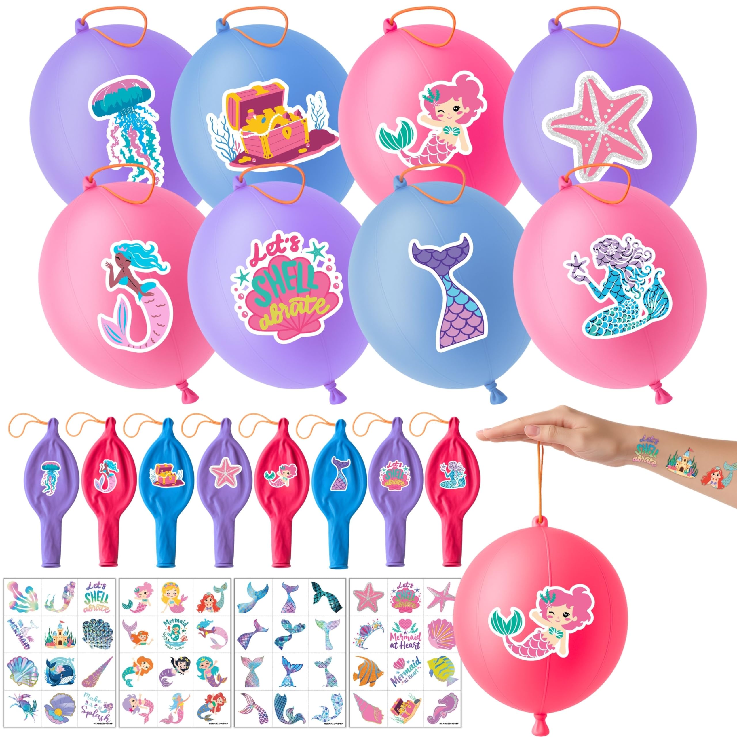 72 PCS Mermaid Party Favors – 48 Pre-Cut Temporary Tattoos & 24 Mermaid Ocean Punch Balloons Themed Birthday Party Decorations Supplies Favors Gifts Goodie Bag Fillers Classroom Rewards for Boys Girls