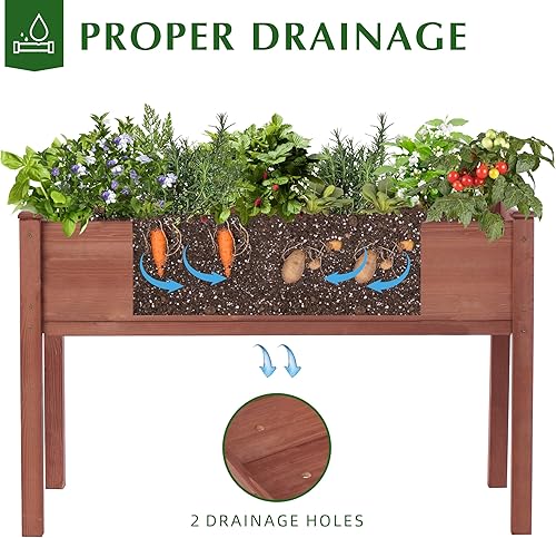 Miniatura 20 de Cama de jardín elevada con patas, 31 x 16 x 31 pulgadas, jardinera elevada de madera para exteriores, patas gruesas, con forro Marrón