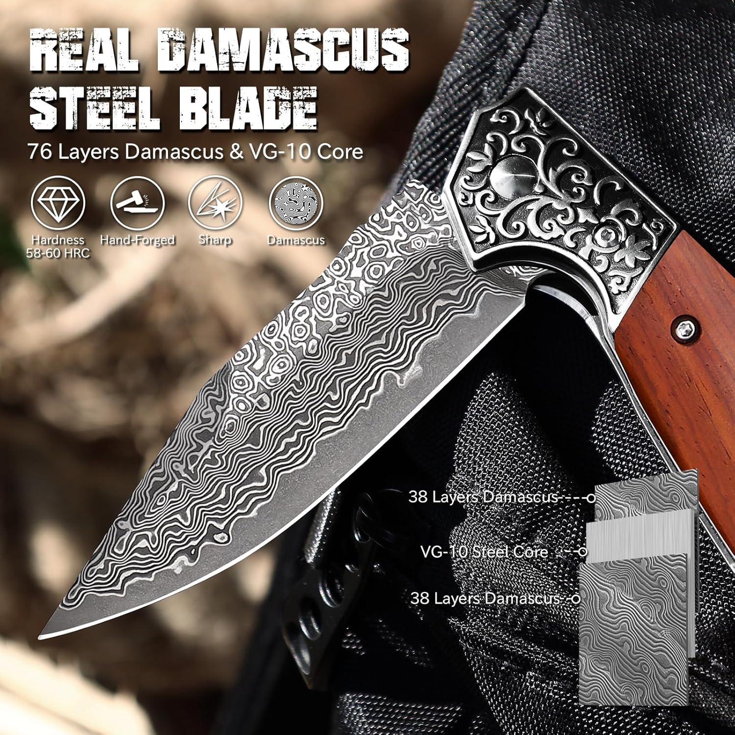 Damascus Pocket Knife for Men, Sharp 3.34" Damascus Steel Blade and Wooden Handle, Folding Knives EDC knifes for Outdoor Camping Hiking