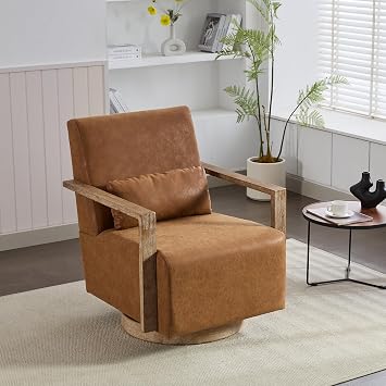 WILLIAMSPACE 30.3" W Swivel Accent Chair with Solid Wood Armrests & Pillow, Modern 360 Degree Comfy Lounge Reading Chair, Side Armchair for Bedroom, Living Room, Office Brown,PU