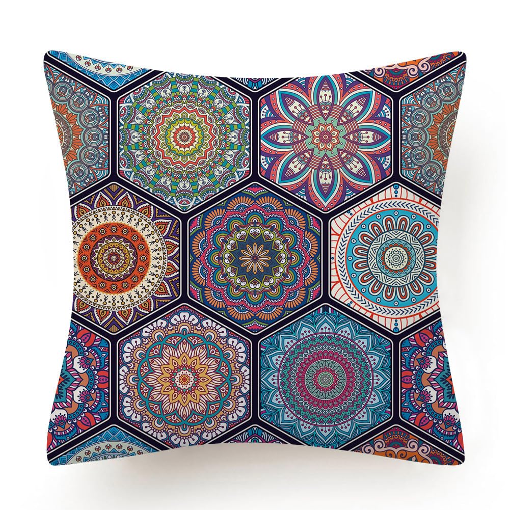 Wazylphin Colorful Mandala Filled Cushions With Covers Pillow Cases Cotton And Linen Sofa Cushions Zipper Pillowcase Living Room Bedroom Pillow Cover Bed Included Soft 80X80cm/1 Pack