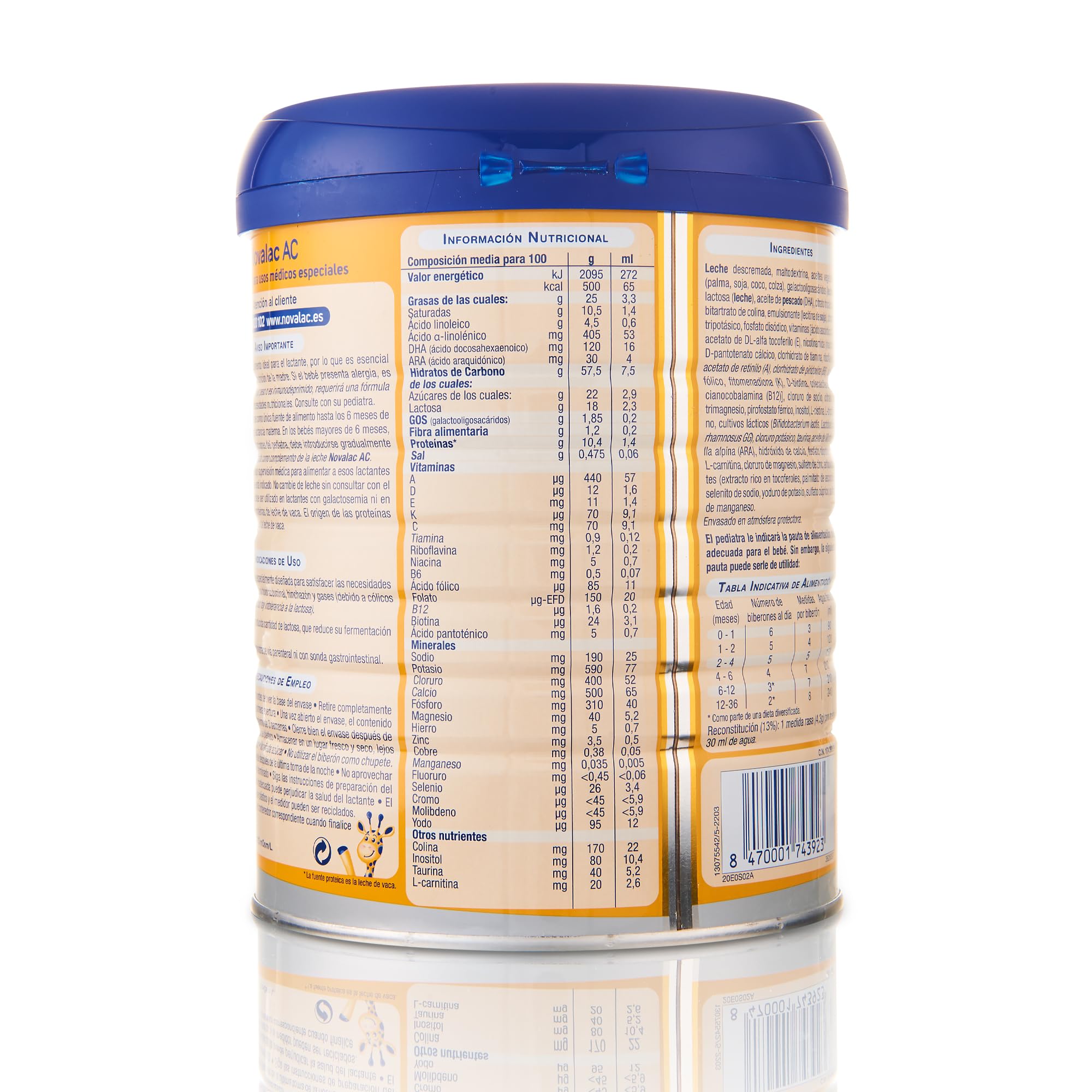 Novalac AC Leche en Polvo 0-36 Meses Bajo Contenido en Lactosa 800 g Fórmula Infantil