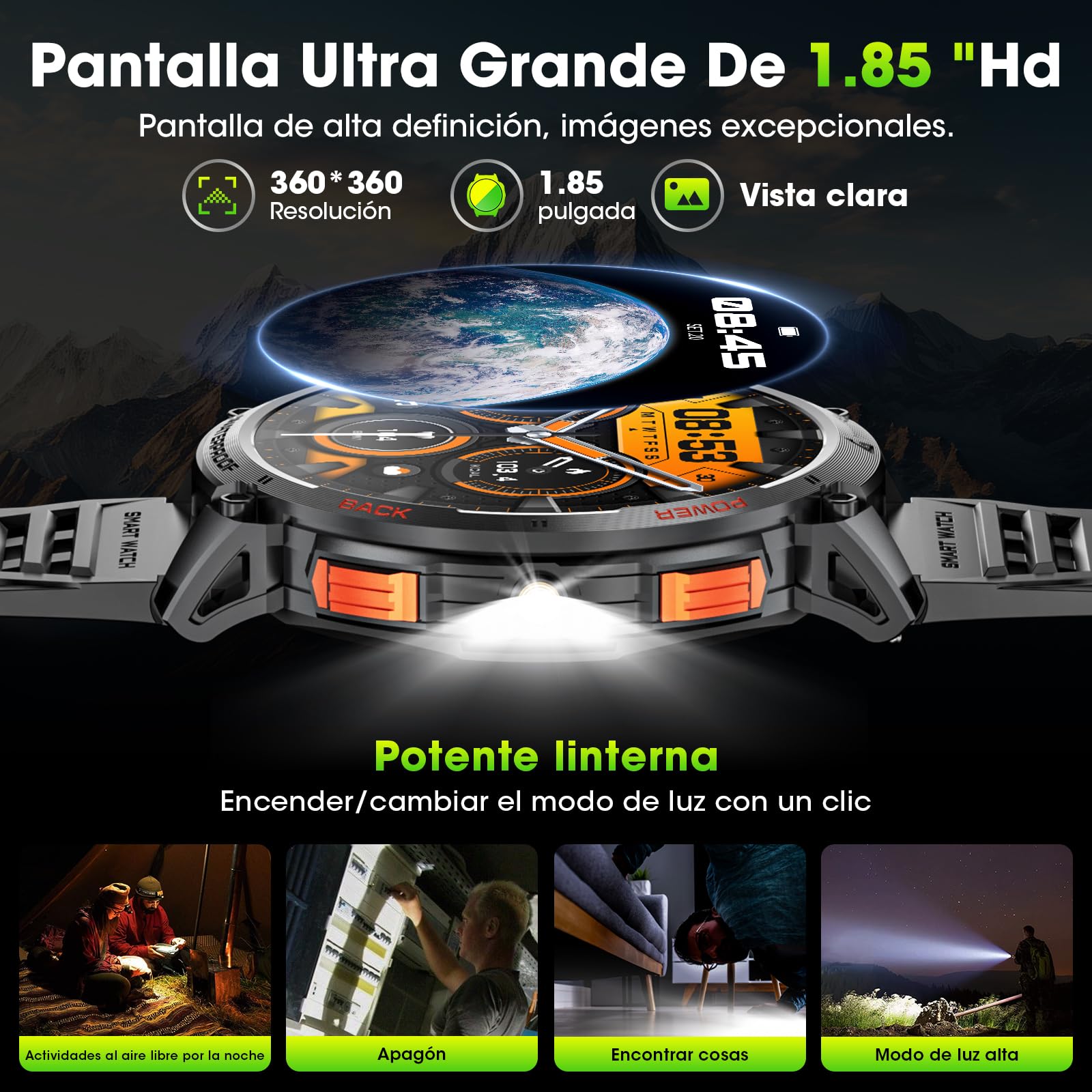 Smartwatch Militar para Hombres con Llamadas Bluetooth, 1,85" HD 730 mAh, IP68，Seguimiento de Fitness con Linterna LED,Frecuencia Cardíaca 24/7, Monitoreo de Sueño,Compatible Android e iOS