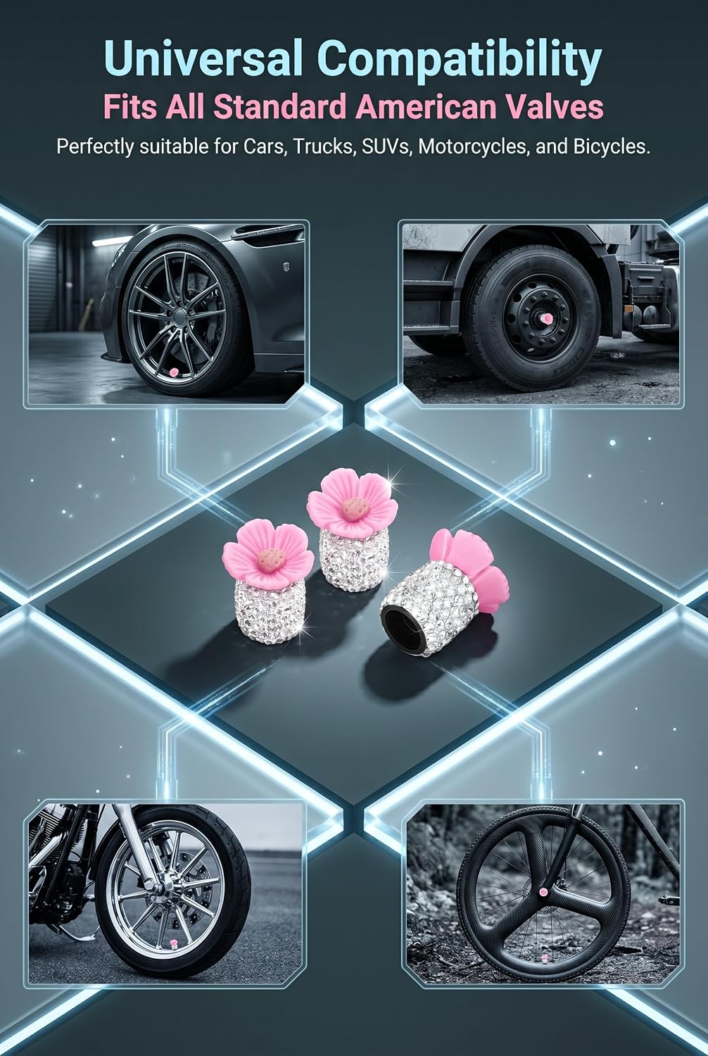 4 PCS Bling Valve Stem Caps, Cute Tire Valve Caps Rhinestone, Sakura Flower Valve Stem Covers, Dustproof Wheel Accessories for Cars, SUVs, Trucks, Motorcycles (Pink) image 5