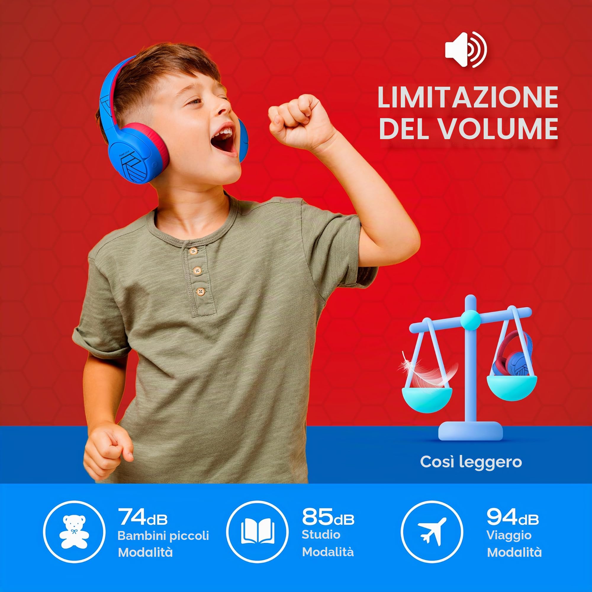 PowerLocus Cuffie Bluetooth per bambini, con cancellazione attiva del rumore, 74/85/94 dB, volume sicuro, pieghevole con tasca in tessuto, tempo di riproduzione 60 H con microfono e Aux per cellulare