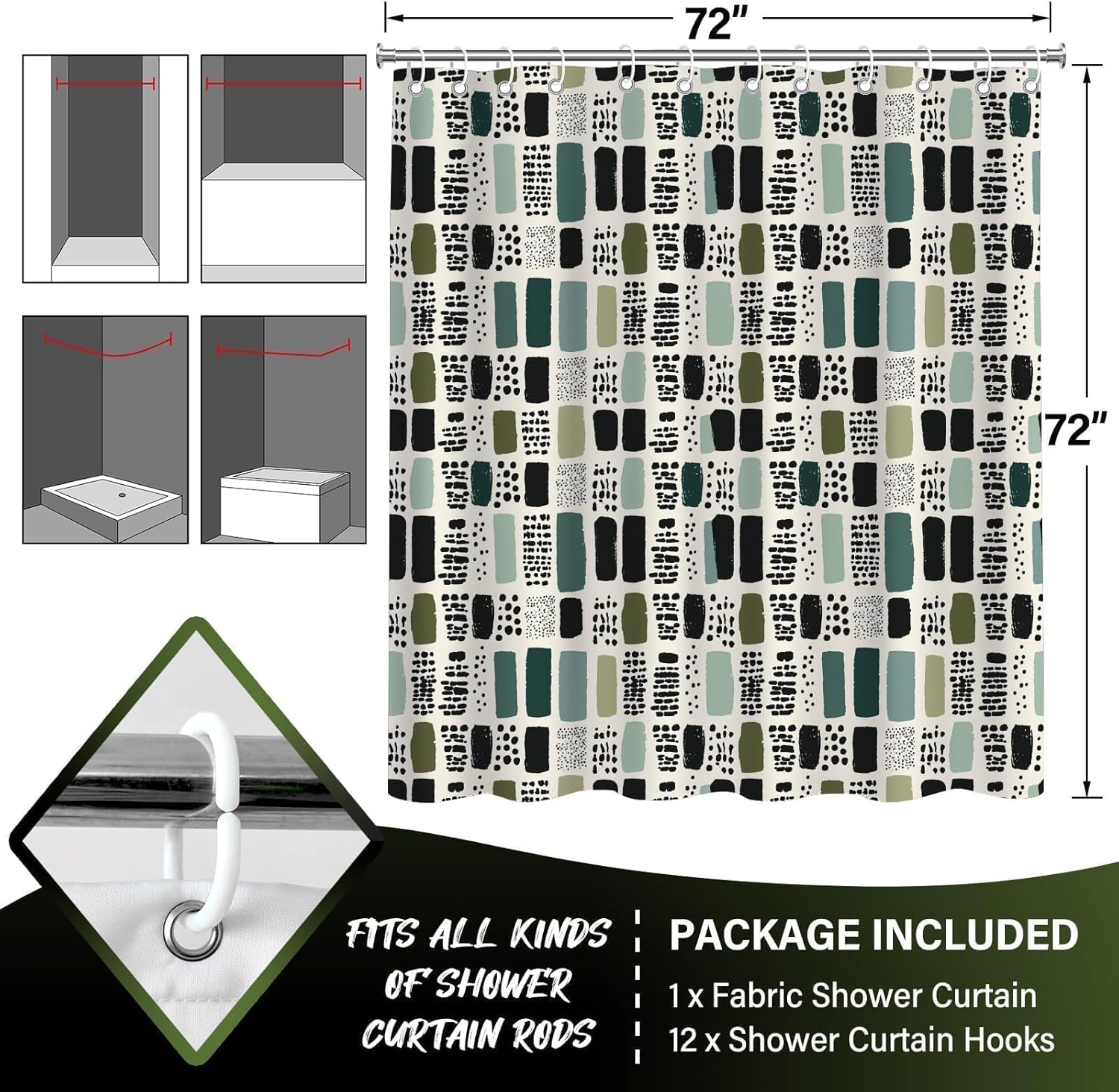 Sage Green Shower Curtain for Bathroom,Bohemian Green Checkered Waterproof Polyester Shower Curtain,Funny Sage Geometric Bathroom Decor,72x72 Inch - Image 2