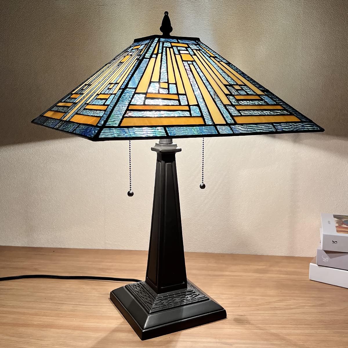 Tiffany Table Lamps 16" Wide Handmade Stained Glass Desk Lamp for Reading 2 Lights Blue Mission Style Antique Table Light for Living Room Bedroom Home Office