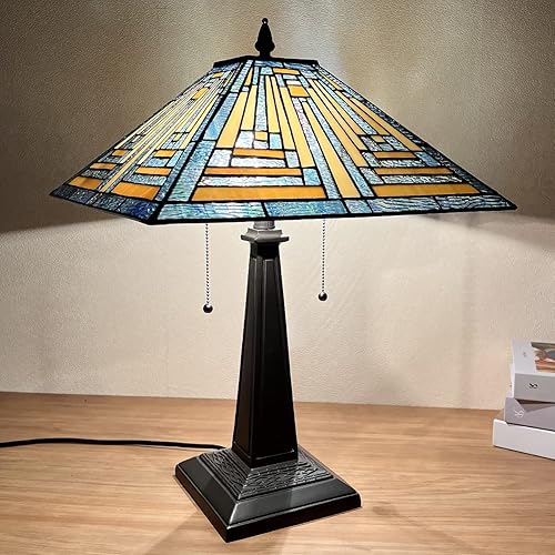 Tiffany - Lámparas de mesa de 16 pulgadas de ancho hechas a mano con vitrales para lectura, 2 luces, estilo misión azul, luz de mesa antigua para