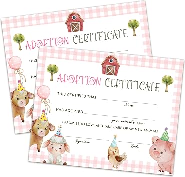 Farm Animals Adoption Certificate - Adopt an Animal Certificate for Girl - Farm Animals Adoption Party Decorations - Farm Barnyard Birthday Party Favors Supplies, 10 Adoption Certificates CC10