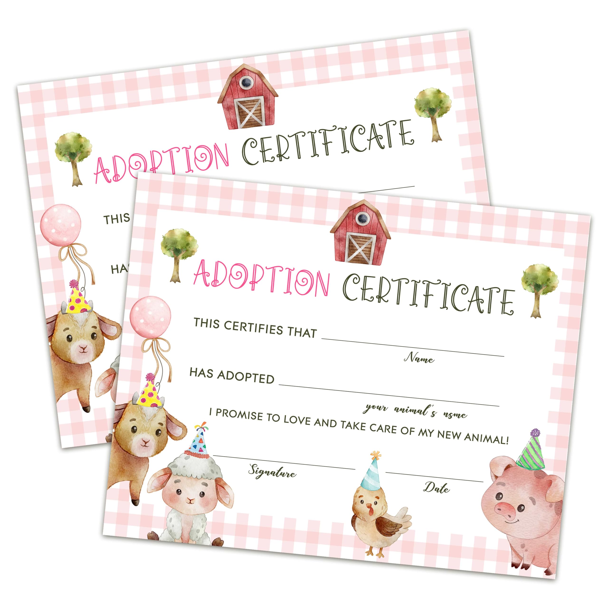 Farm Animals Adoption Certificate - Adopt an Animal Certificate for Girl - Farm Animals Adoption Party Decorations - Farm Barnyard Birthday Party