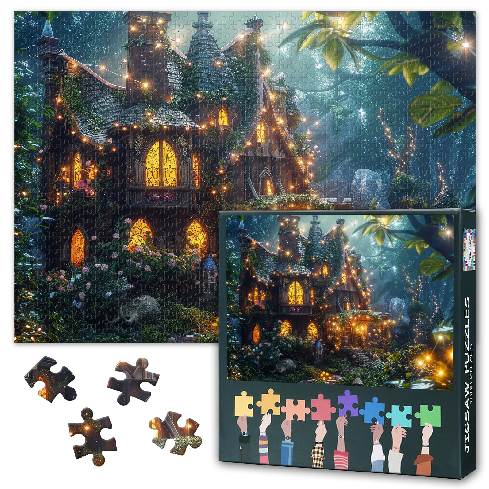 Whimsical Cottage Puzzles 1000 Pieces Magical Forest Jigsaw Puzzles for Adults Decompression Puzzle for Adults Home Decoration Challenging Puzzle Gifts Game Nights 27.5"X19.7"