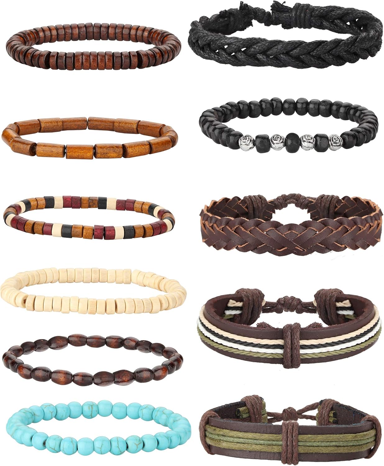 MILACOLATO 22-32 Pcs Braided Leather Bracelet for Men Women Woven Wrist Cuff Bracelets Hemp Cords Wood Beads Ethnic Tribal Handmade Wrap Adjustable - Image 3