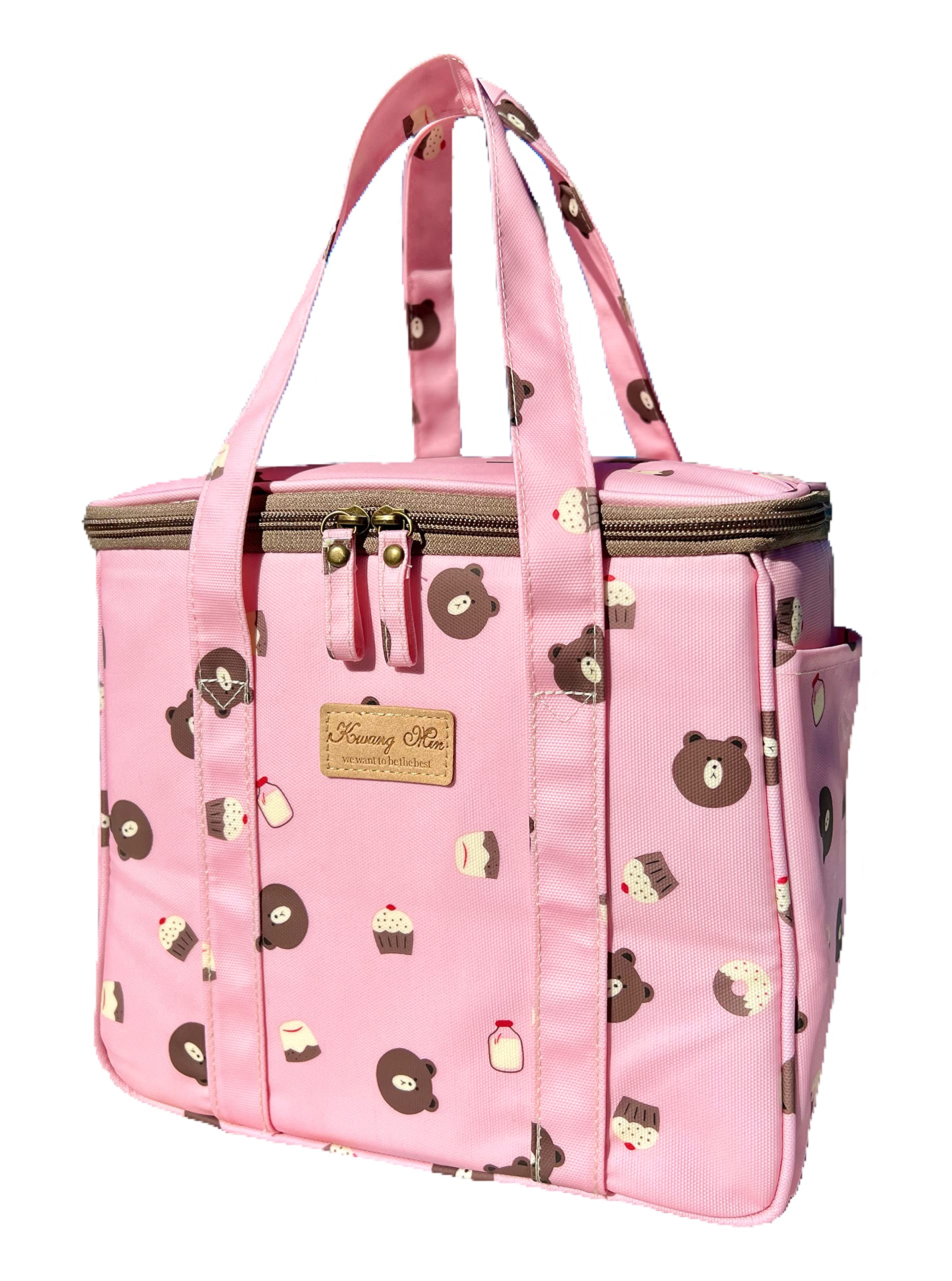 Kwang Min Extra Large Insulated Picnic Cooler Bag,Reusable Lunch bag for Women, Waterproof,Durable Fabric, Adjustable Strap,Ideal Summer Picnic Bag (Pink Candy Bear)