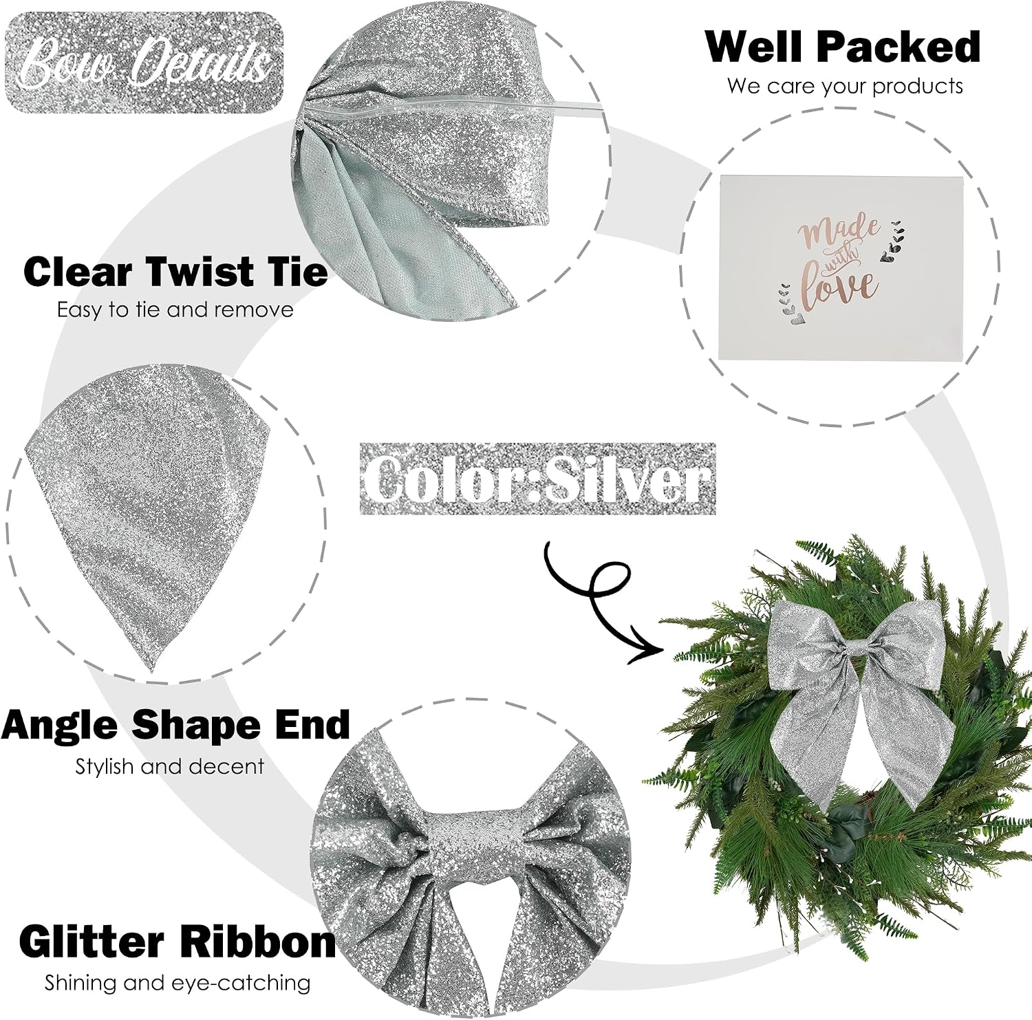 AIMUDI Silver Glitter Wired Ribbon Bows with Twist Tie 5.5" Premade Metallic Christmas Bows for Gift Wrapping, Wreath, Garland, Holiday Crafts Party Home Outdoor Christmas Tree Decorations, 12 PCs image 3
