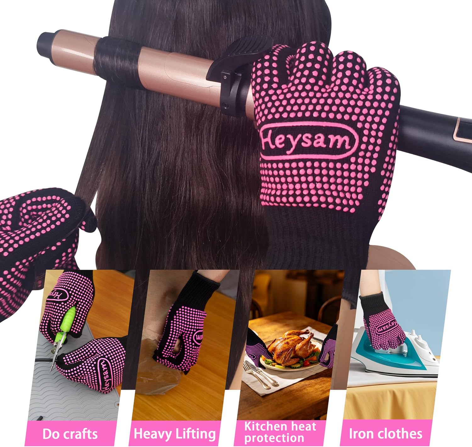 HEYSAM Heat Resistant Gloves with Silicone Bumps for Flat Iron Hair Straightener and Curling Irons Hot Tools, Heat Blocking Gloves for Sublimation, 2 Pcs, Rose Red
