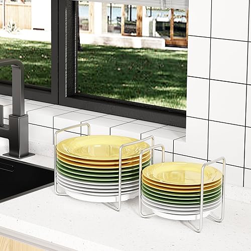 Miniatura 7 de Piconico Soporte para platos para cajón de cocina, 2 estantes de platos de bambú blanco para encimera de cocina, ajustable de 6.75 a 12.5 pulgadas,