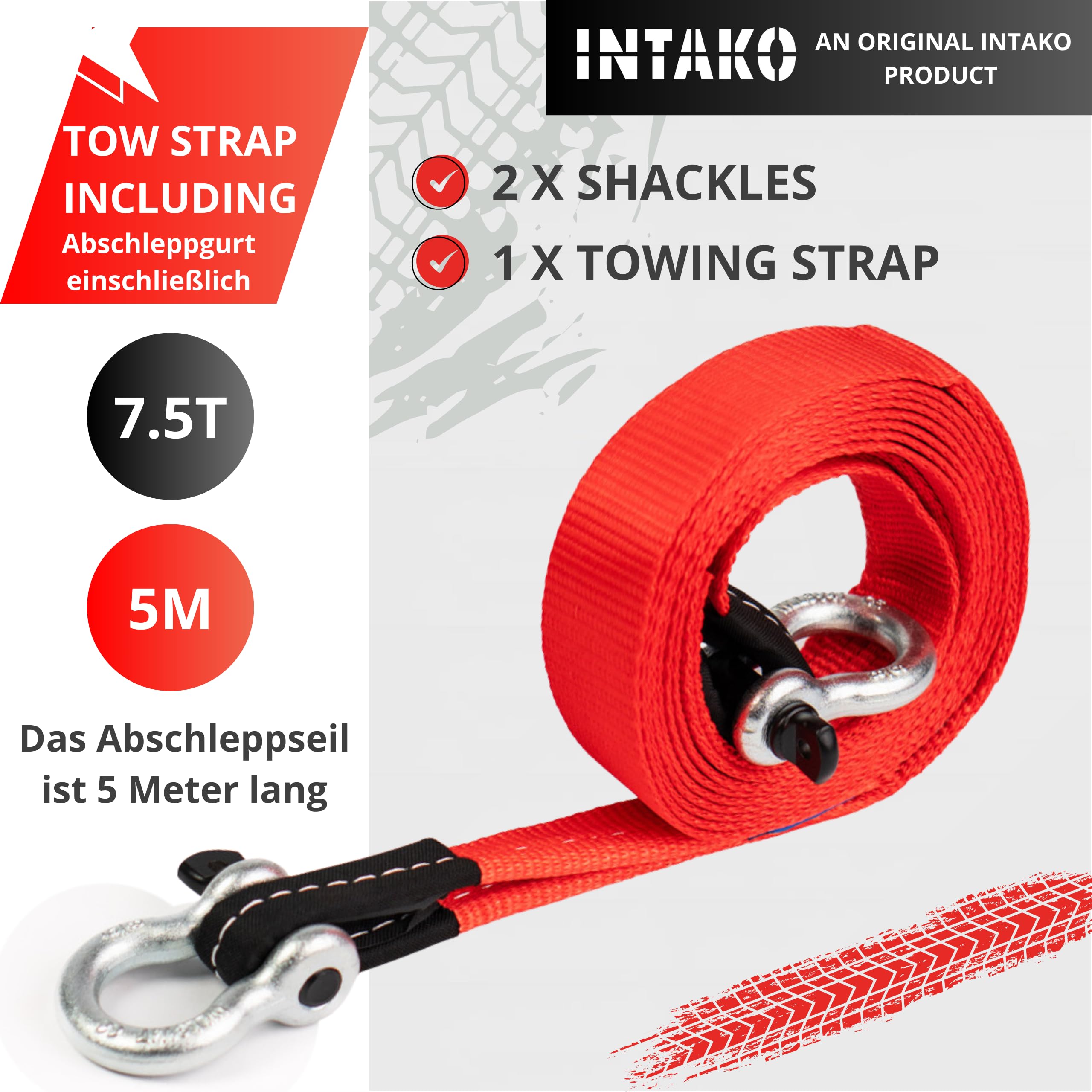 INTAKO Sangle de Remorquage 5M (7,5 Tonnes) avec Manilles - Norme en 1492-1 - Corde de Remorquage pour Voiture - Sangle de Traction Ultra Résistante
