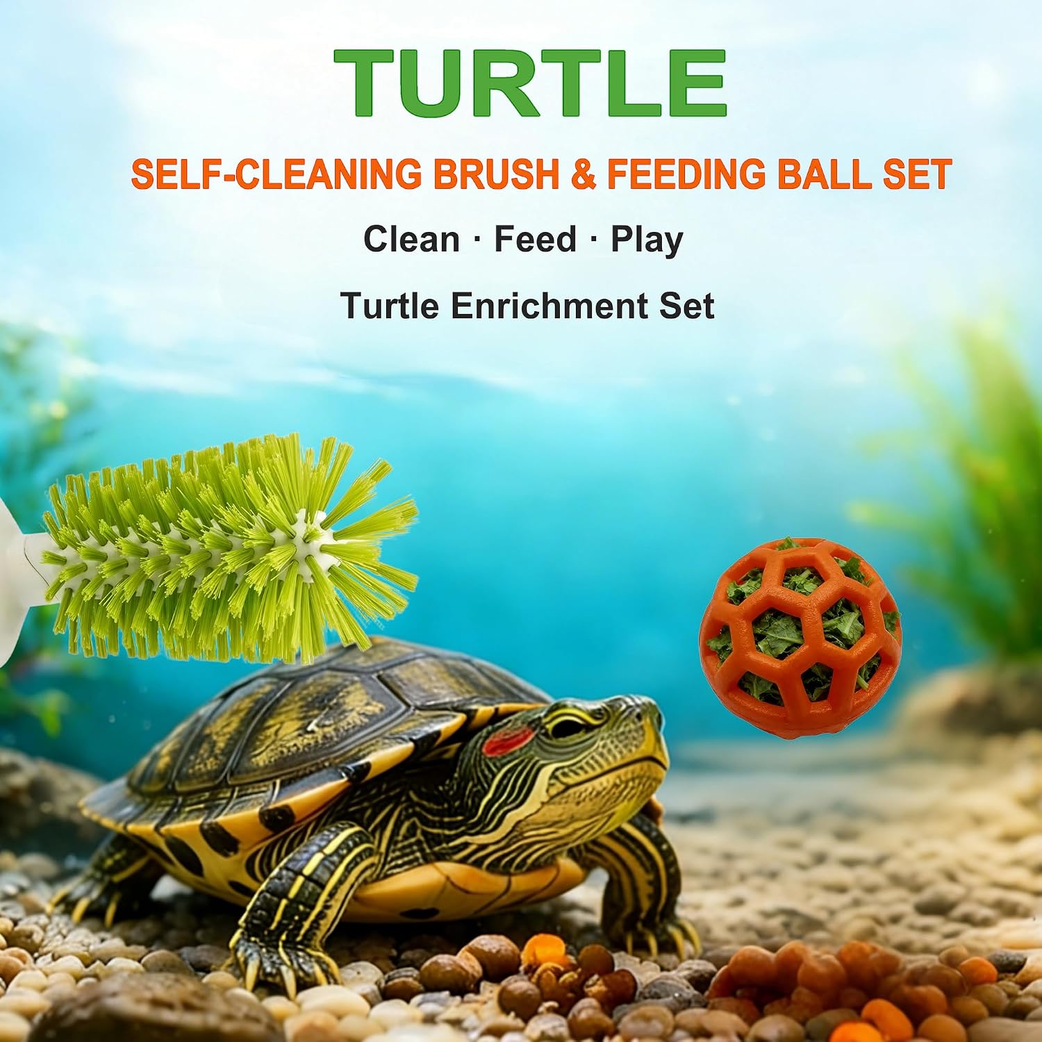 Turtle Brush & Feeding Ball Set, Aquarium Self-Grooming Scratcher for Shell, Interactive Slow Feeder Toy for Turtles, Turtle Tank Accessories