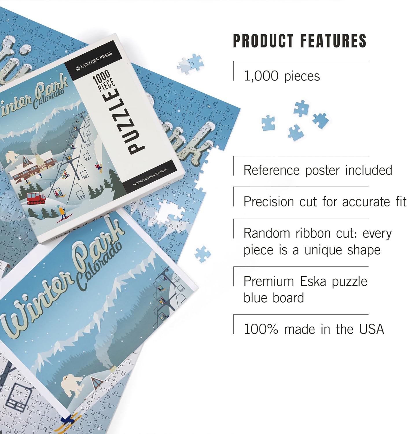 Lantern Press Winter Park, Colorado, Retro Ski Resort 1000 Piece Jigsaw Puzzle for Adults, Made in USA with Reference Poster