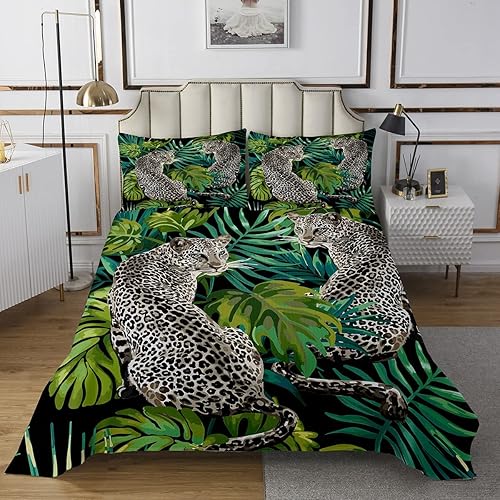 Miniatura 2 de Juego de colcha acolchada de leopardo 3D, tamaño Queen, estampado de guepardo, hojas de palmera tropicales, juego de edredón de animales de safari