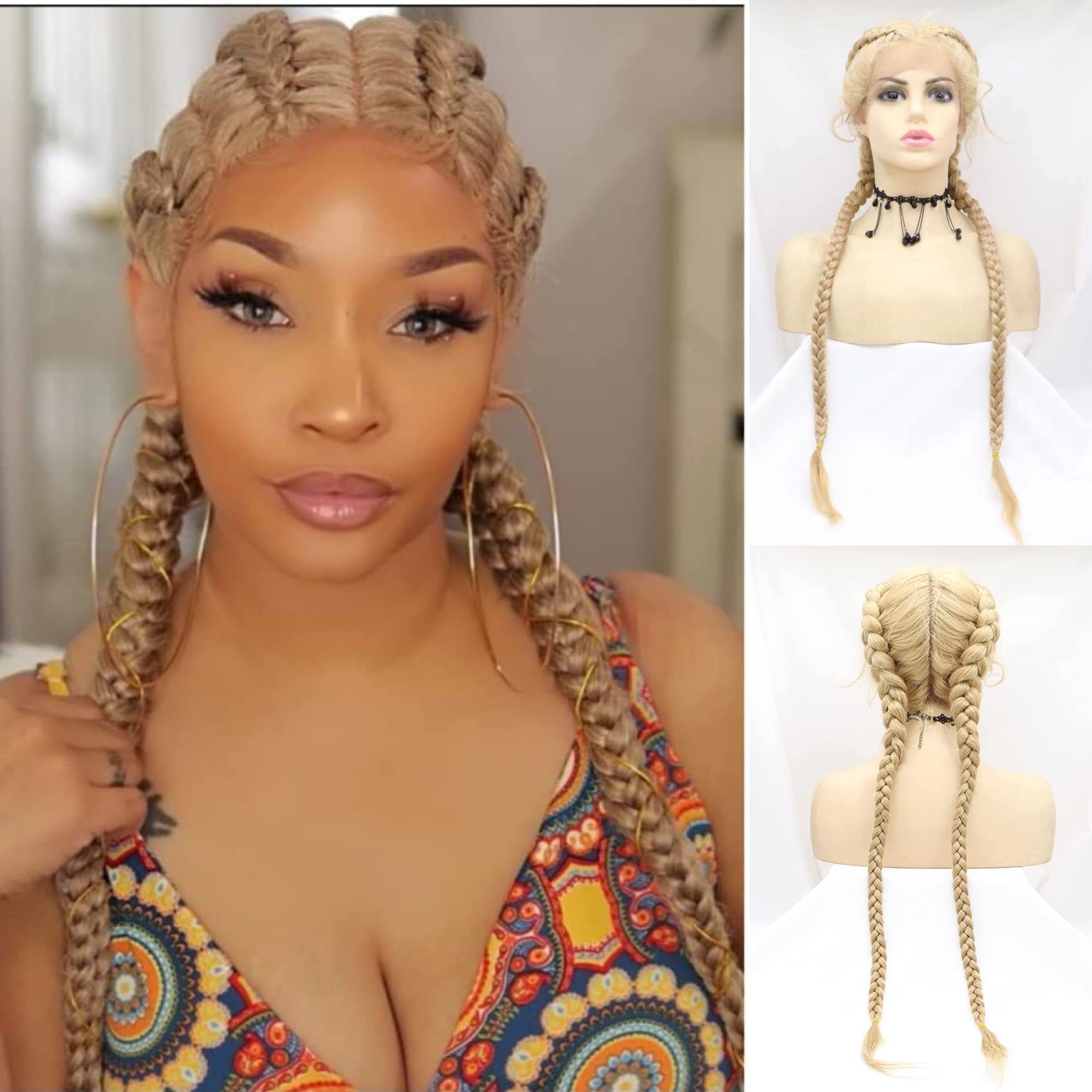 Yiweier2 Twist Hand Braided Lace Front Wigs Blonde Braids Wigs with Baby Hair Heat Resistant Fiber Wig for Women 30 Inch ( blonde/lace front wig)