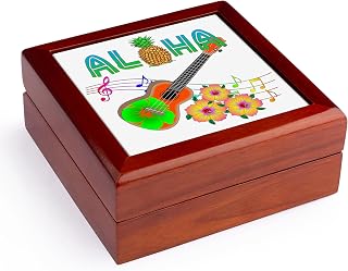 3dRose Island Aloha with a Ukulele Jewelry Box 7 x 7 inch with 4 inch tile