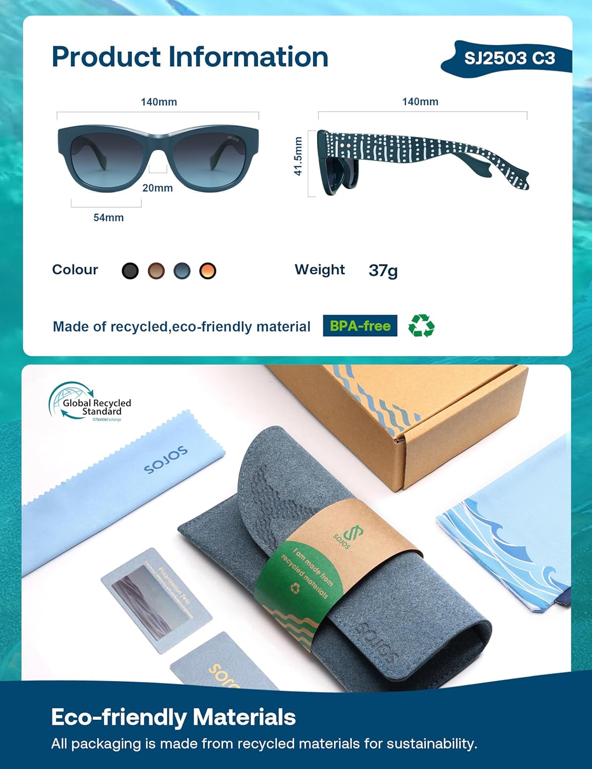 SOJOS Ocean Collection Classic Polarized Square Sunglasses for Women Men Recycled Plastic Frame Eco-Friendly UV400, Bloom - Image 4