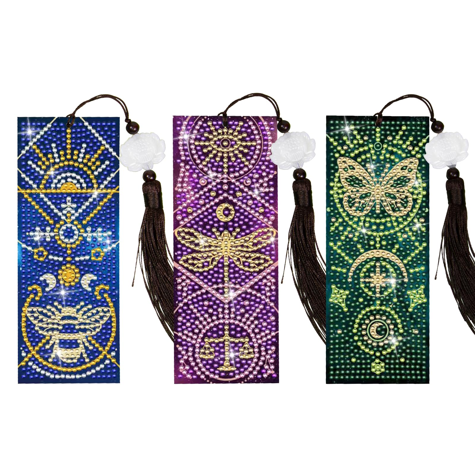 Anseal 3 Pcs 5D Diamond Art Bookmarks for Book Lovers, Rhinestone PU Leather Diamond Crafts Bookmarks for Women Girls, Tassel Beaded Book Mark for