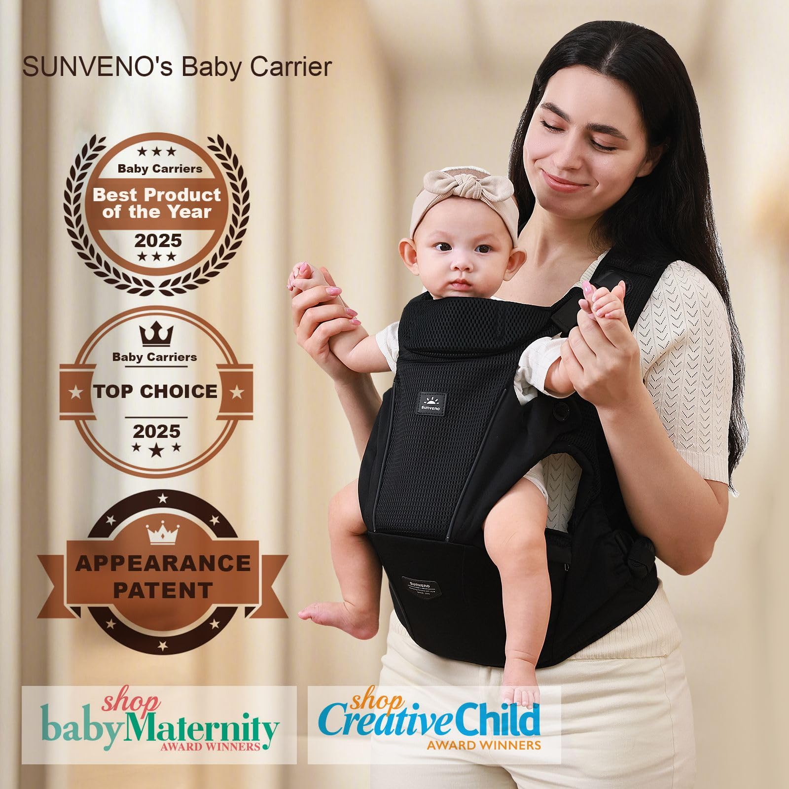 SUNVENO Babytrage mit Hüftsitz, Ergonomische Hüftsitz Babytrage für Neugeborene und Kleinkinder 3–20 kg, Atmungsaktives Mesh-Gewebe, Verstellbar, Front- und Rückentrageweise